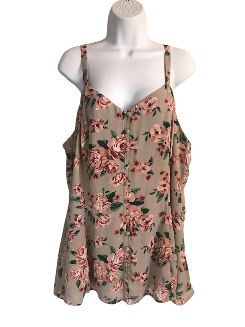 🔴 4/$15 Torrid Women’s 2X Taupe & Pink Floral Smocked Adjustable Tank Top EUC - Picture 2 of 16